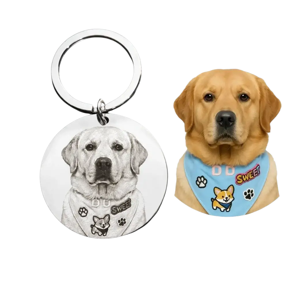 Silver stainless steel round custom photo keychain with detailed engraved golden retriever wearing bandana and paw prints