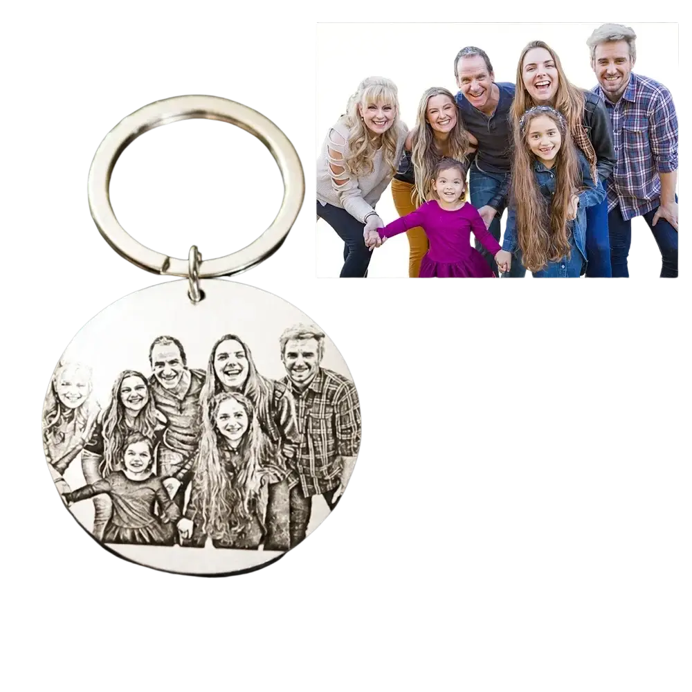 Silver circular custom photo keychain stainless steel round pendant with finely engraved black and white family portrait