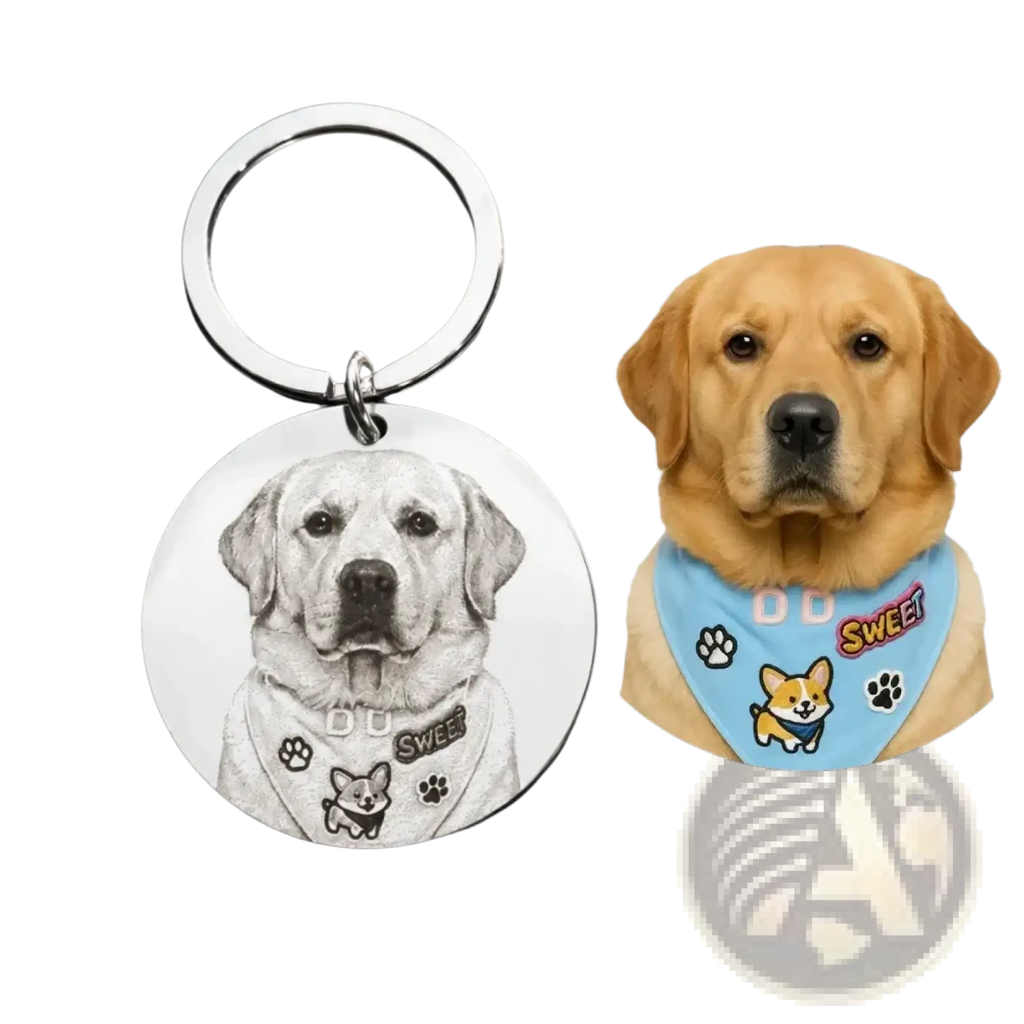 Silver stainless steel round custom photo keychain with detailed engraved golden retriever wearing bandana and paw prints