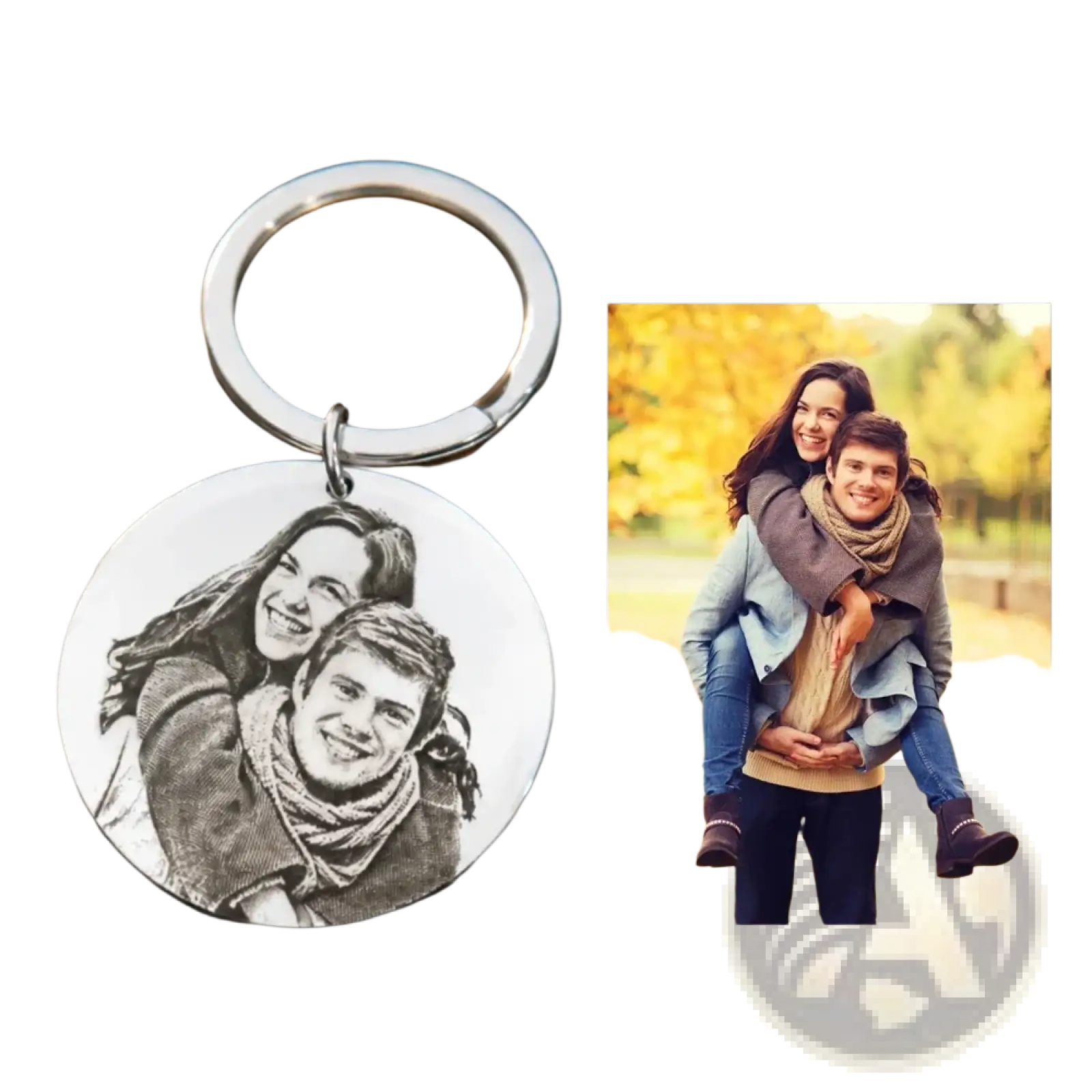 Silver circular stainless steel keychain with black and white engraved portrait of two smiling people custom photo pendant