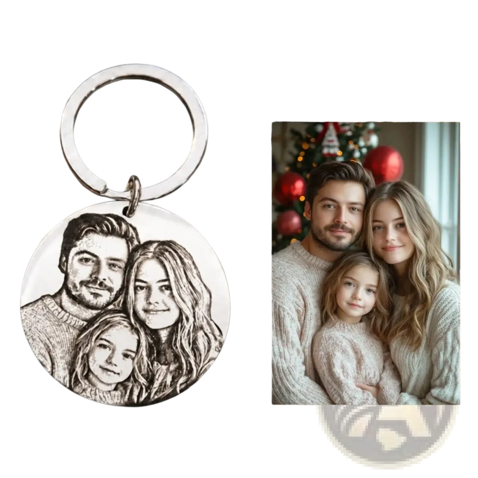 Silver circular stainless steel keychain with finely engraved black and white family portrait pendant