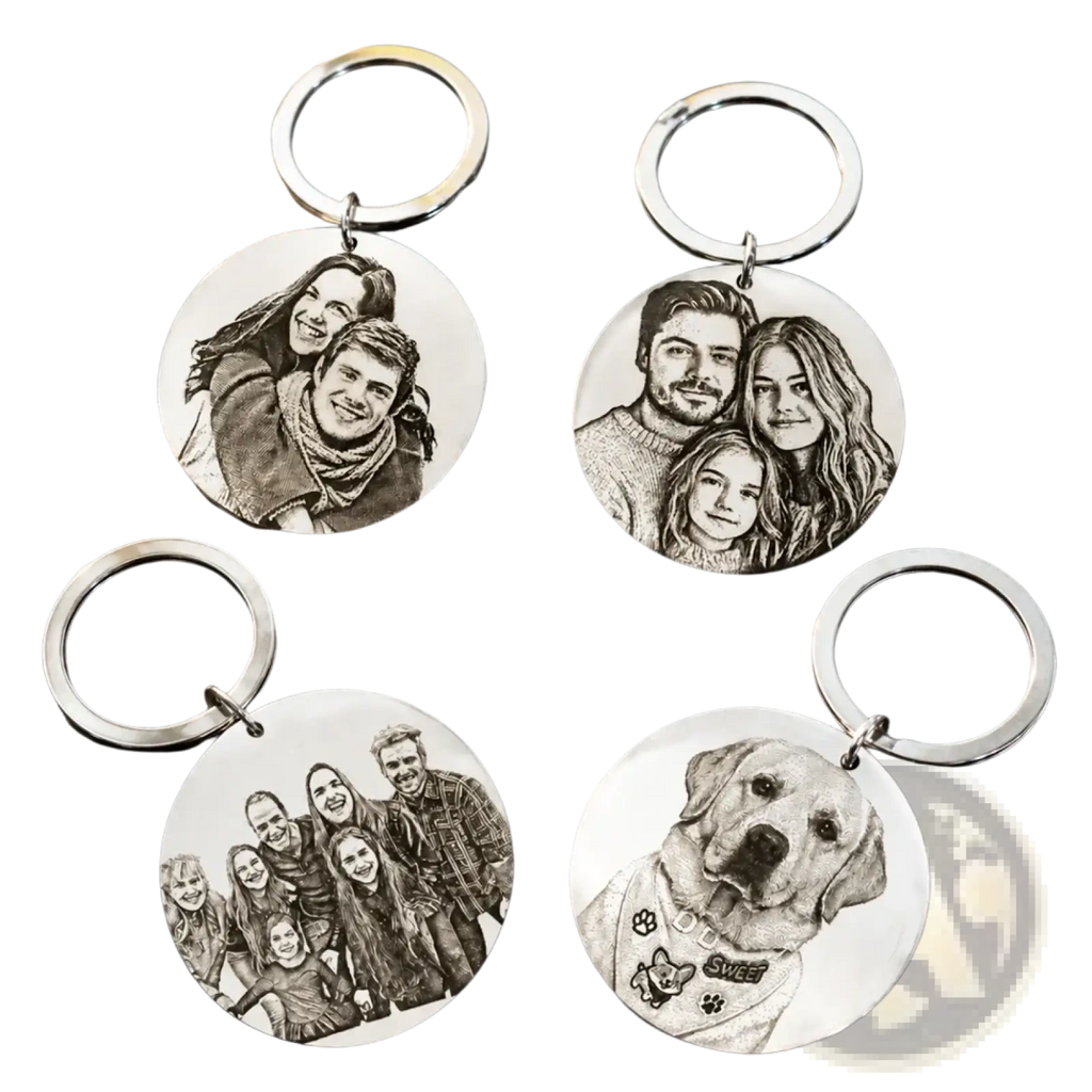 Silver stainless steel round custom photo keychains featuring engraved black and white family and dog portraits