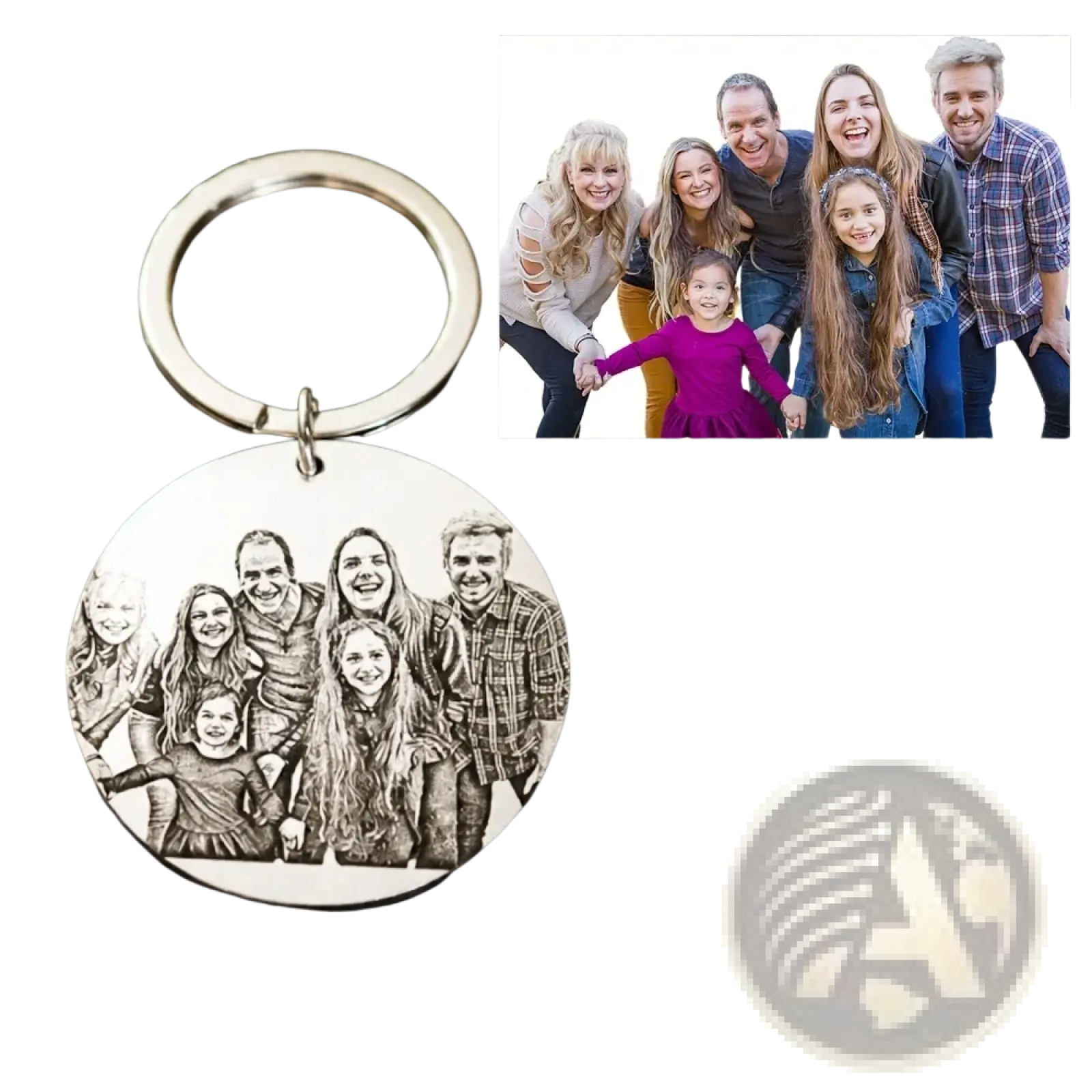 Silver circular custom photo keychain stainless steel round pendant with finely engraved black and white family portrait