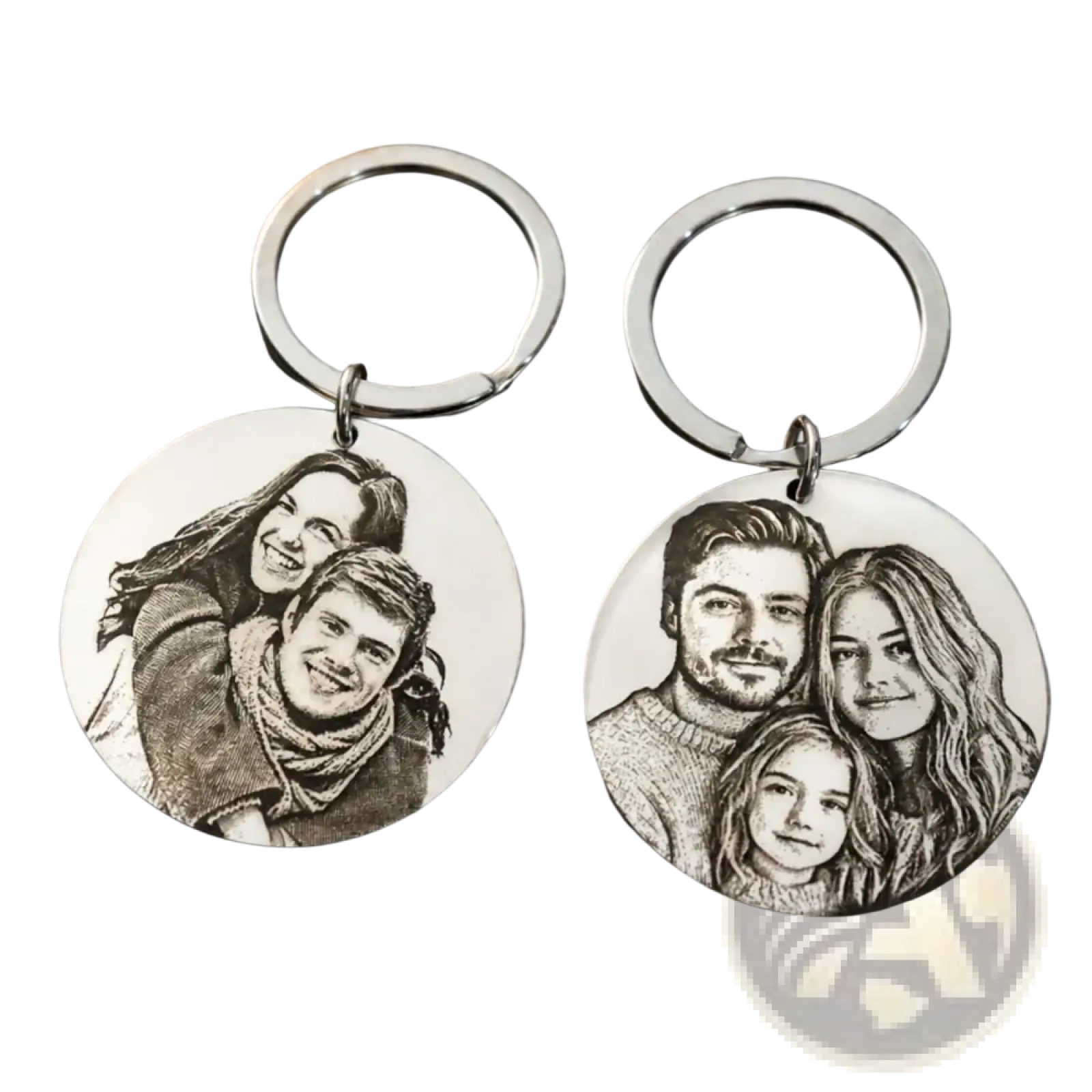Two silver stainless steel round keychains engraved with detailed black and white family portraits
