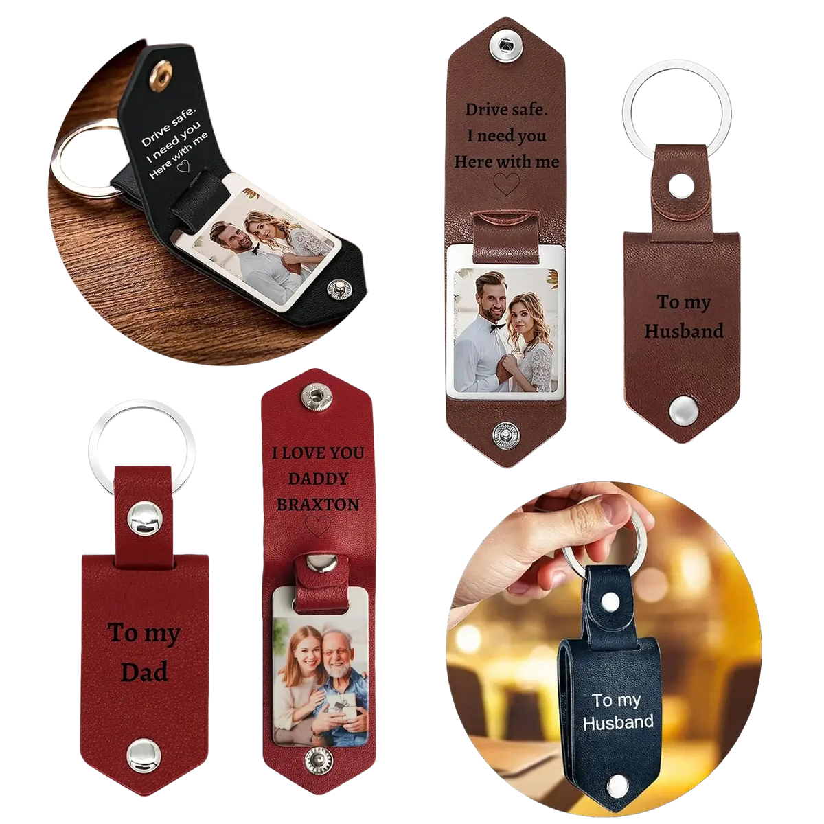 Personalized brown leather keychain with photo slot and engraved message for custom picture gift
