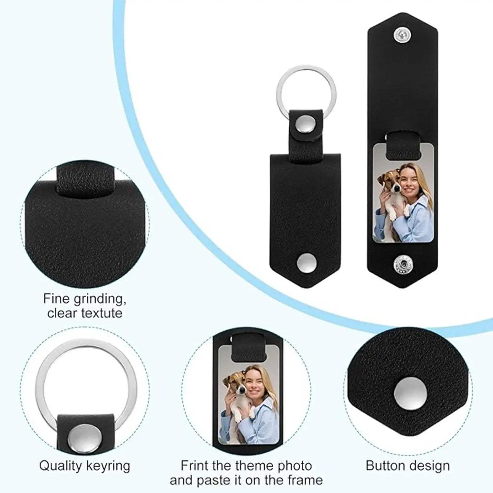 Black leather keychain with rectangular photo frame and silver-toned metal ring for personalized picture gift