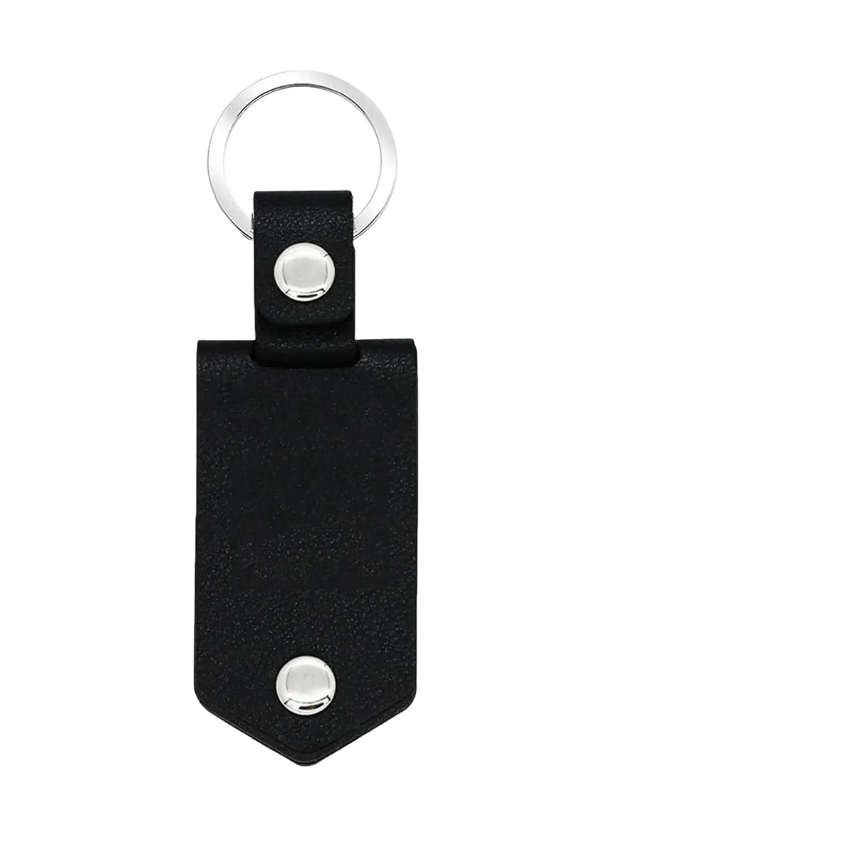 Black leather custom photo keychain with silver metal ring and two decorative studs for personalized gifts