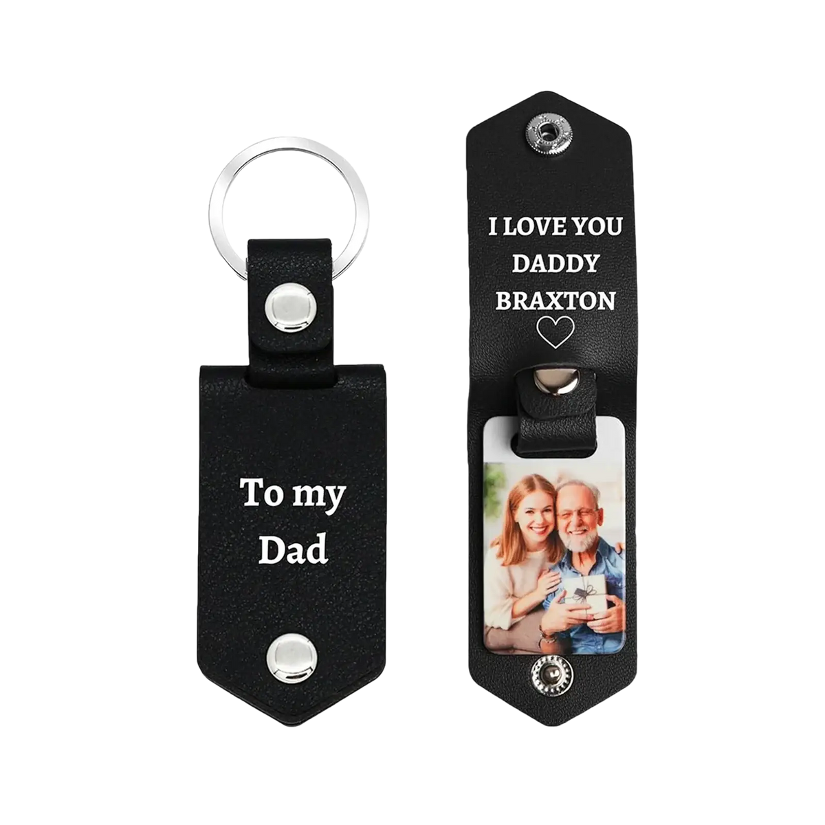 Black leather keychain with silver-toned metal accents and a personalized photo insert for a custom gift