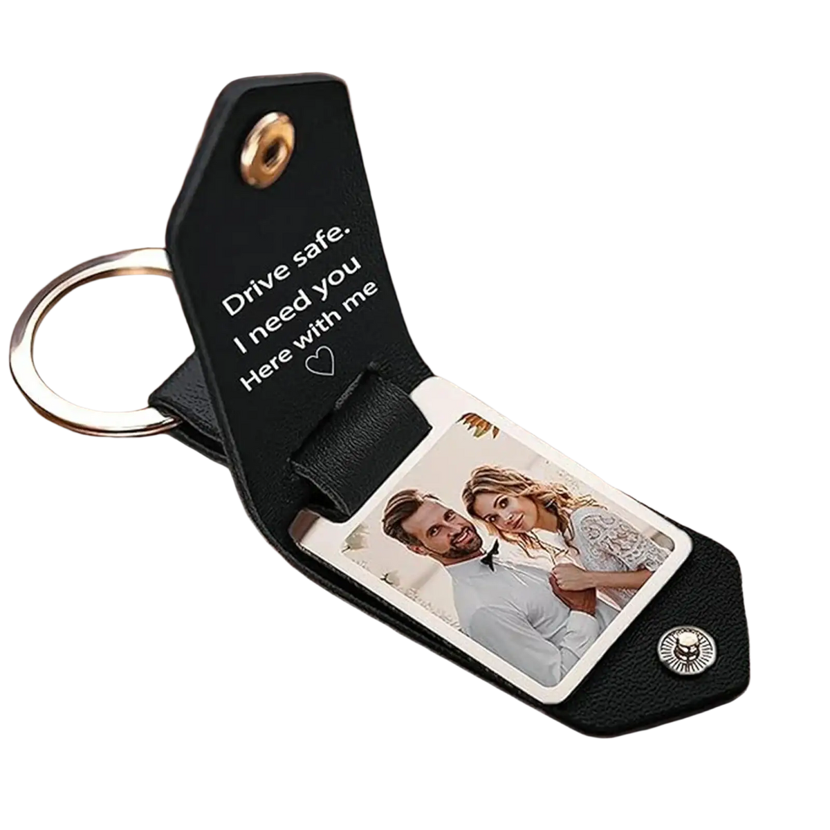Custom photo leather keychain in black with silver metal ring, skull button, engraved message, and photo insert