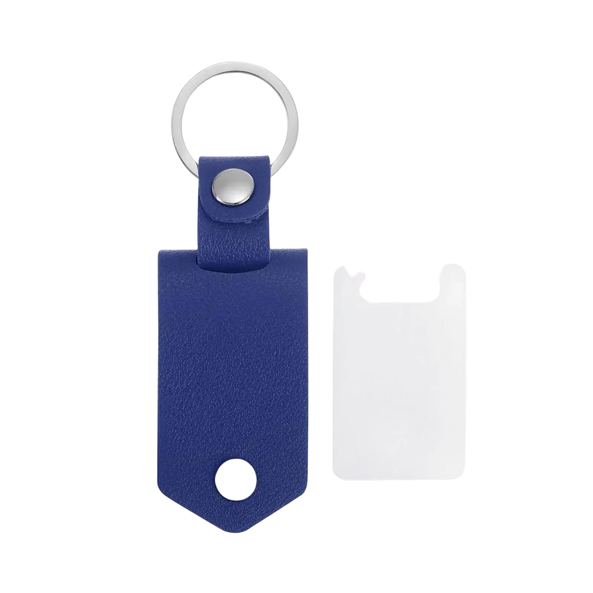 Blue leather custom photo keychain with silver metal ring and rivets personalized picture gift accessory