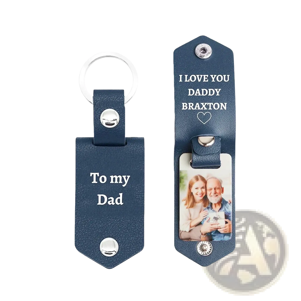 Navy blue leather keychain with personalized engraving and photo slot for custom photo leather keychain gift