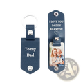 Navy blue leather keychain with personalized engraving and photo slot for custom photo leather keychain gift