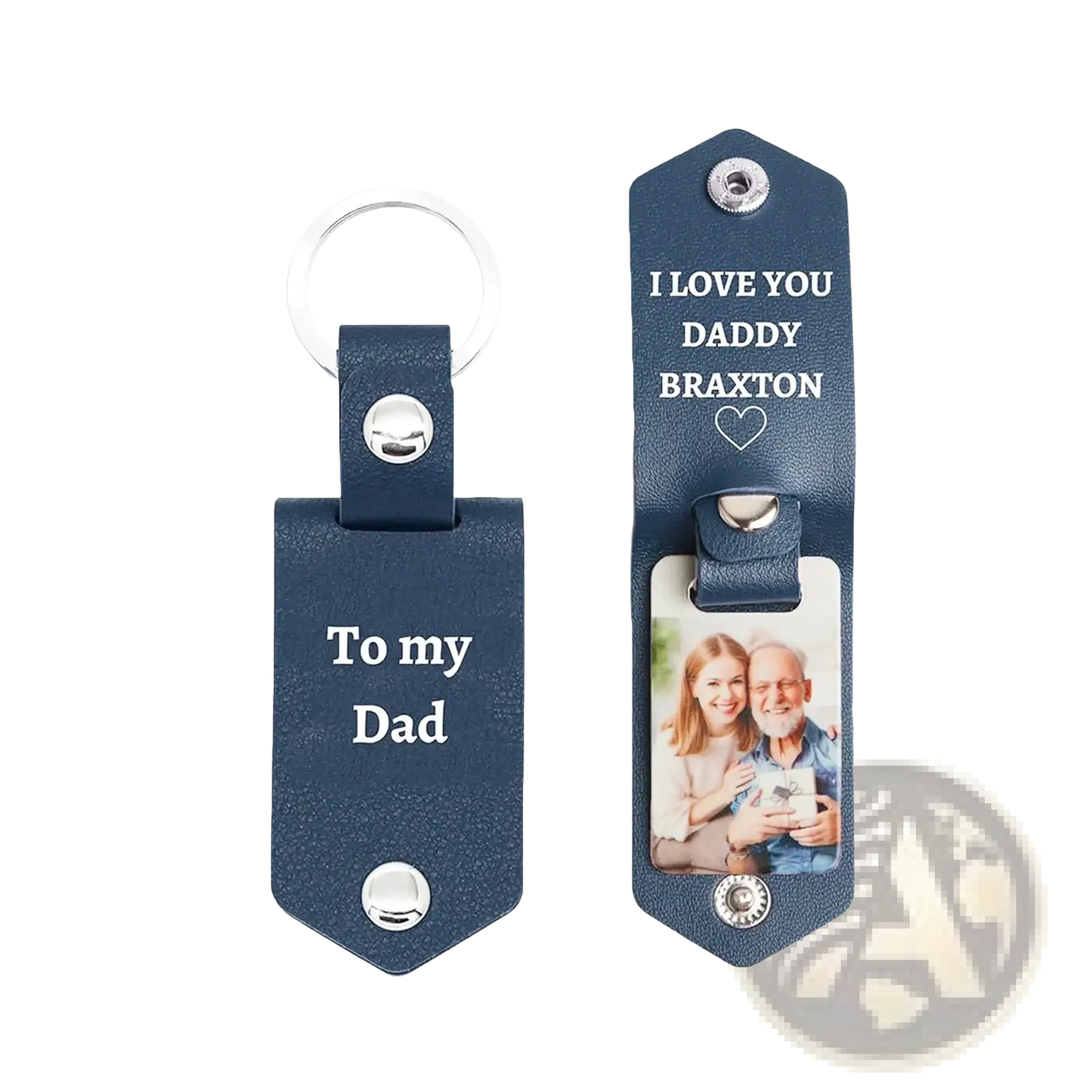Navy blue leather keychain with personalized engraving and photo slot for custom photo leather keychain gift