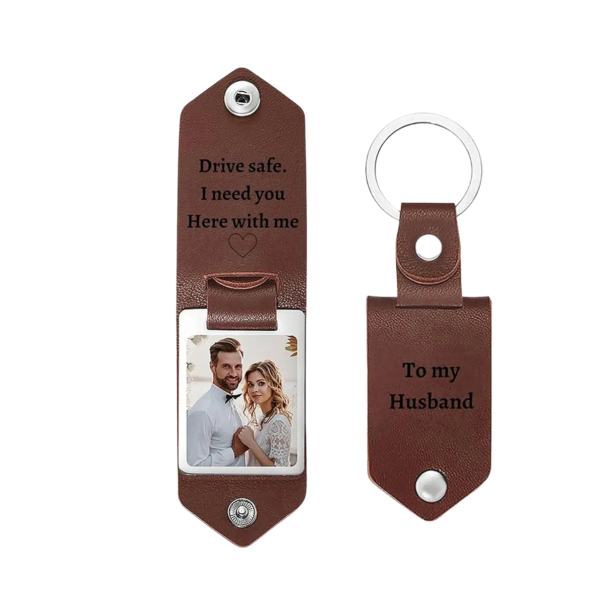Brown leather custom photo keychain with photo slot and engraved message personalized picture gift