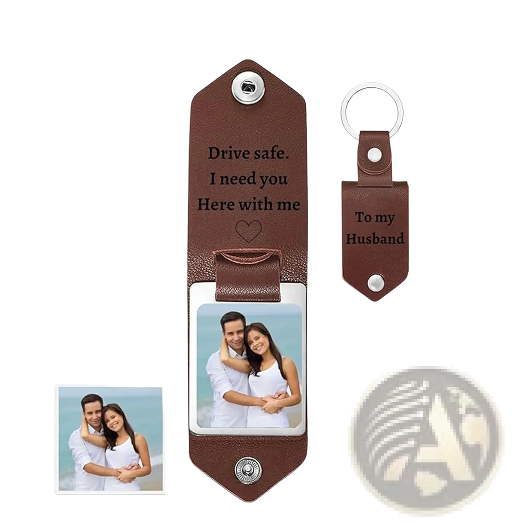 Brown leather keychain with engraved message and photo slot personalized as a custom picture gift