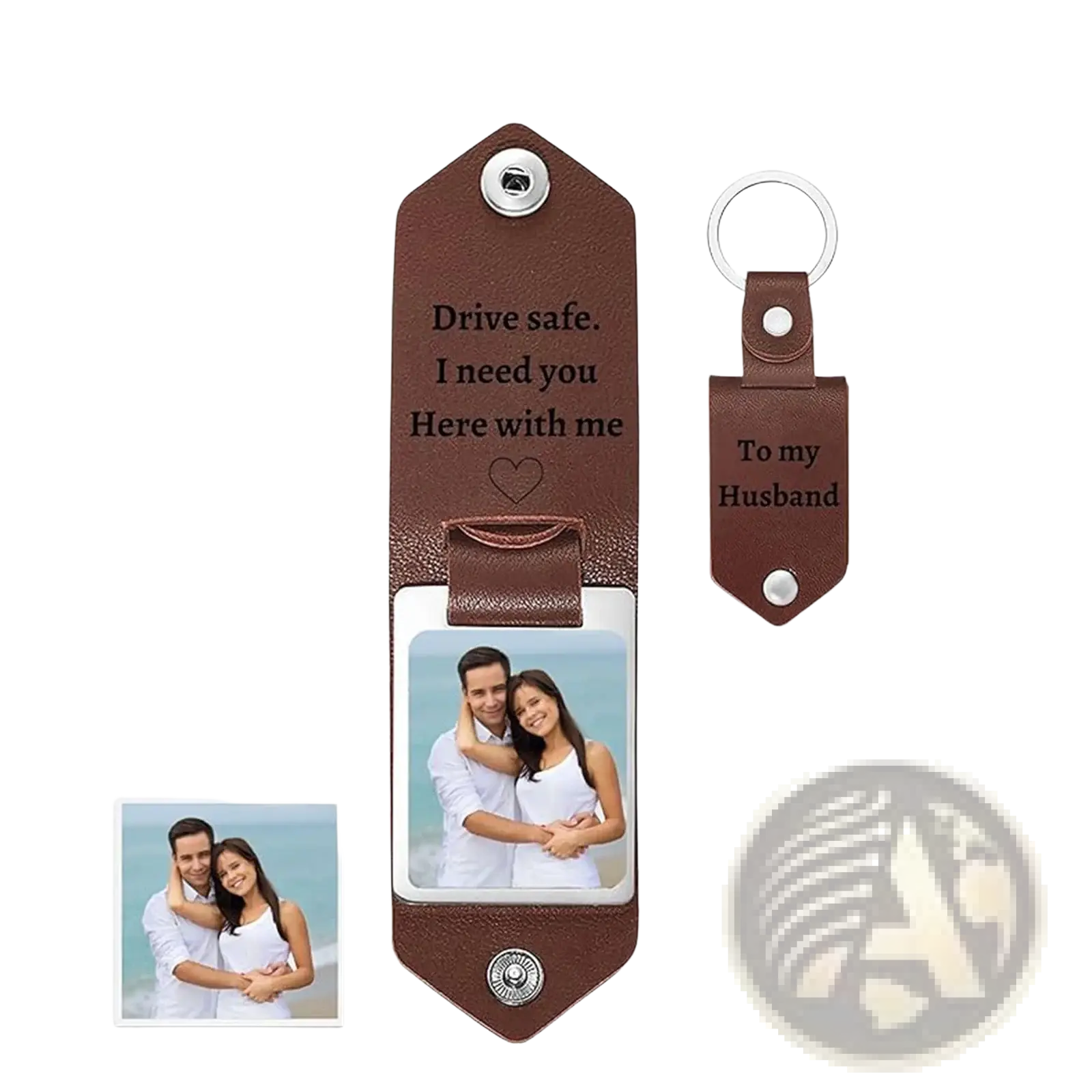 Brown leather keychain with engraved message and photo slot personalized as a custom picture gift