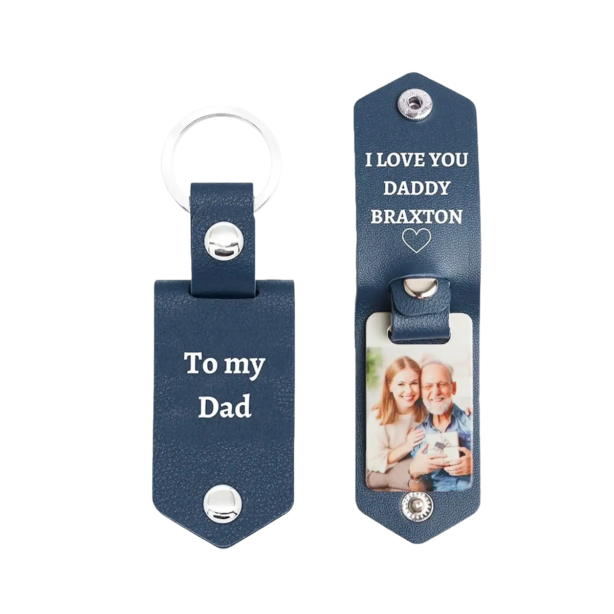 Navy blue leather keychain with personalized engraving and photo slot for custom photo leather keychain gift