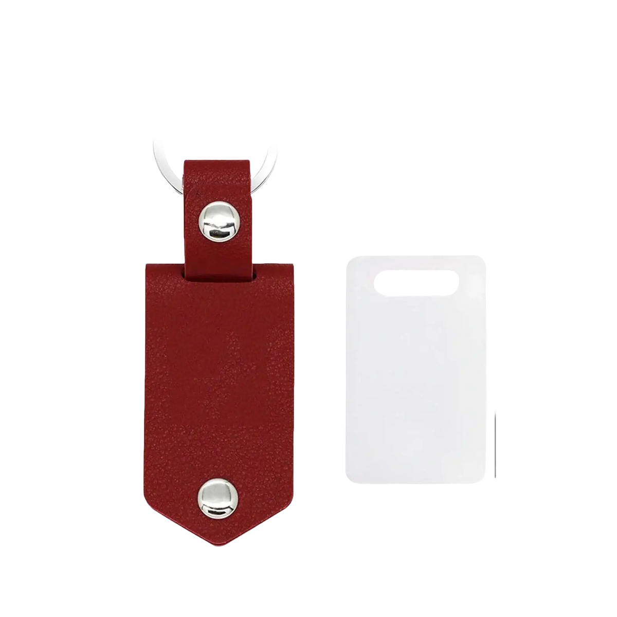 Red leather custom photo keychain with silver toned metal ring and rivets personalized picture gift accessory
