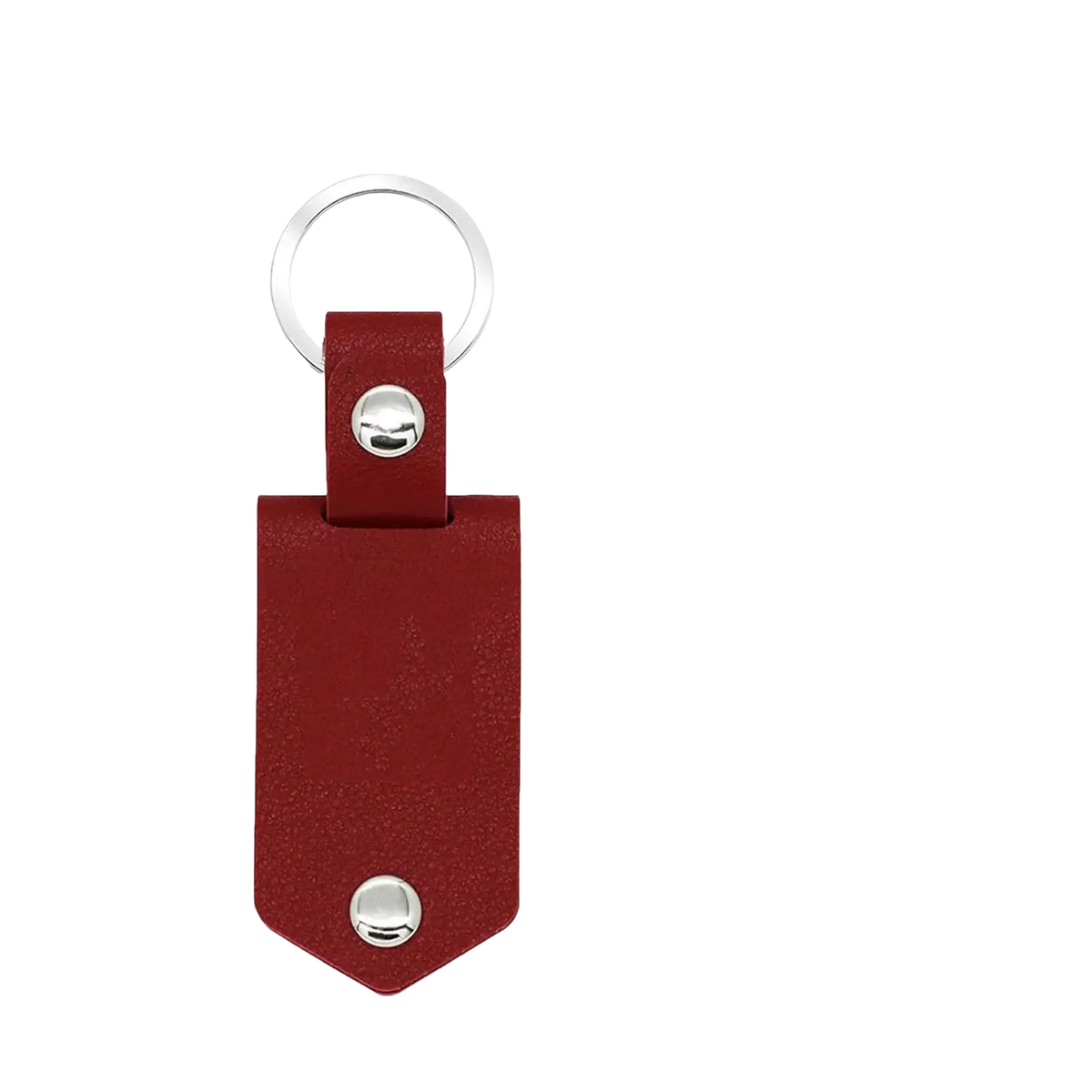 Red leather custom photo keychain with silver-toned metal hardware and a blank white tag for personalized gifts