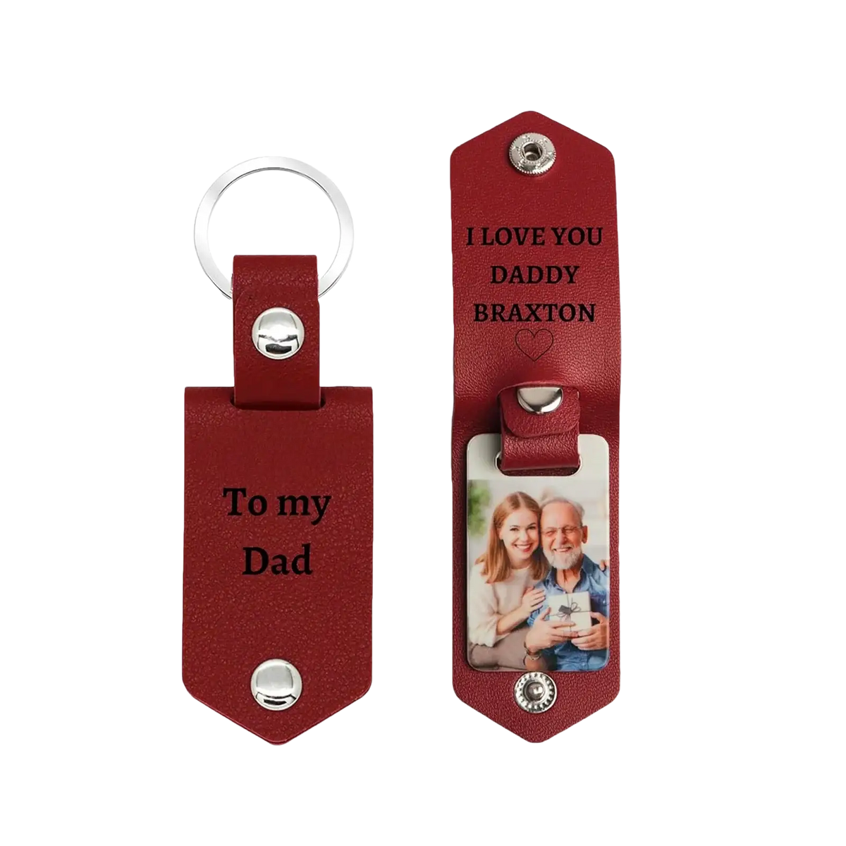 Red leather custom photo keychain with silver metal accents personalized engraving and photo slot gift accessory