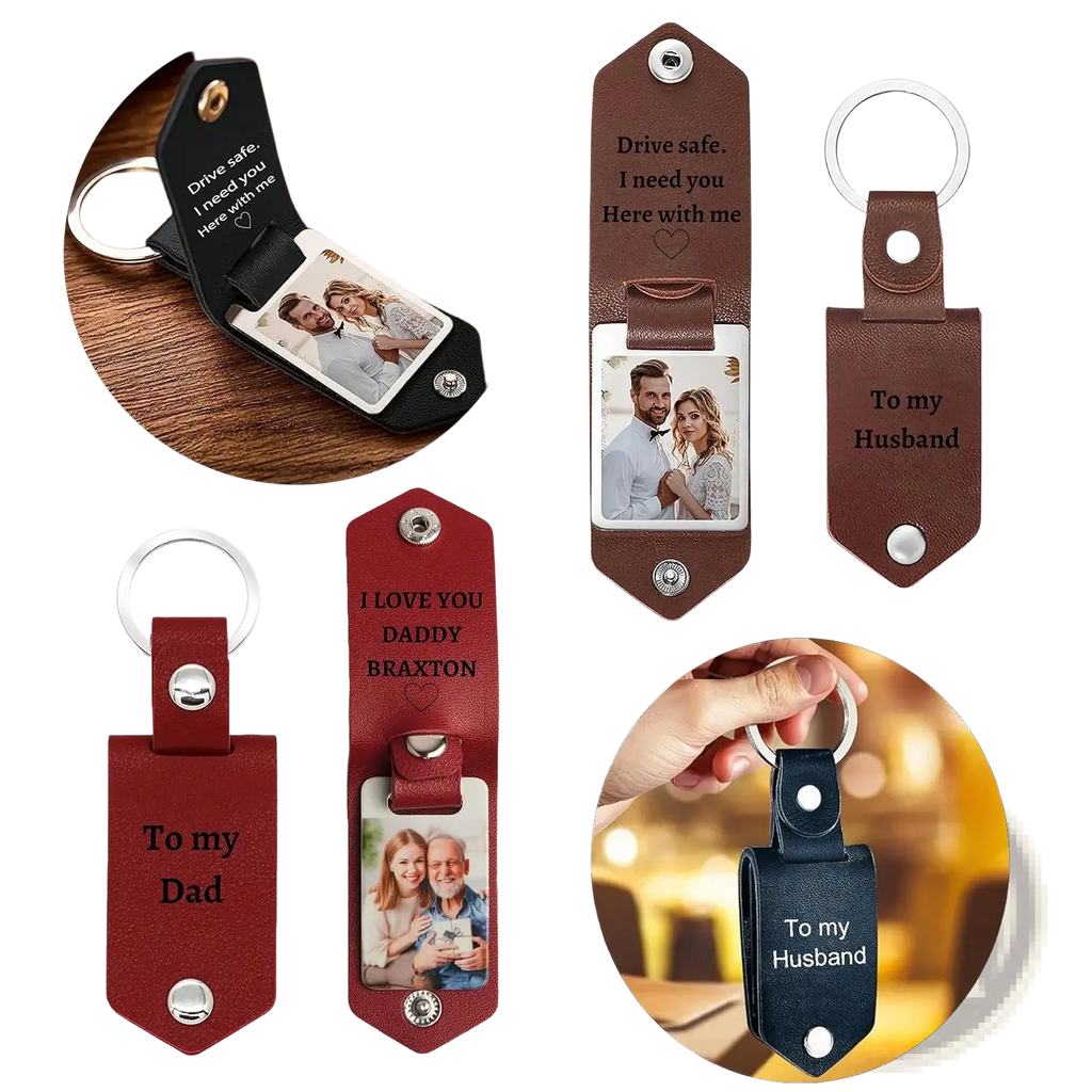 Personalized brown leather keychain with photo slot and engraved message for custom picture gift