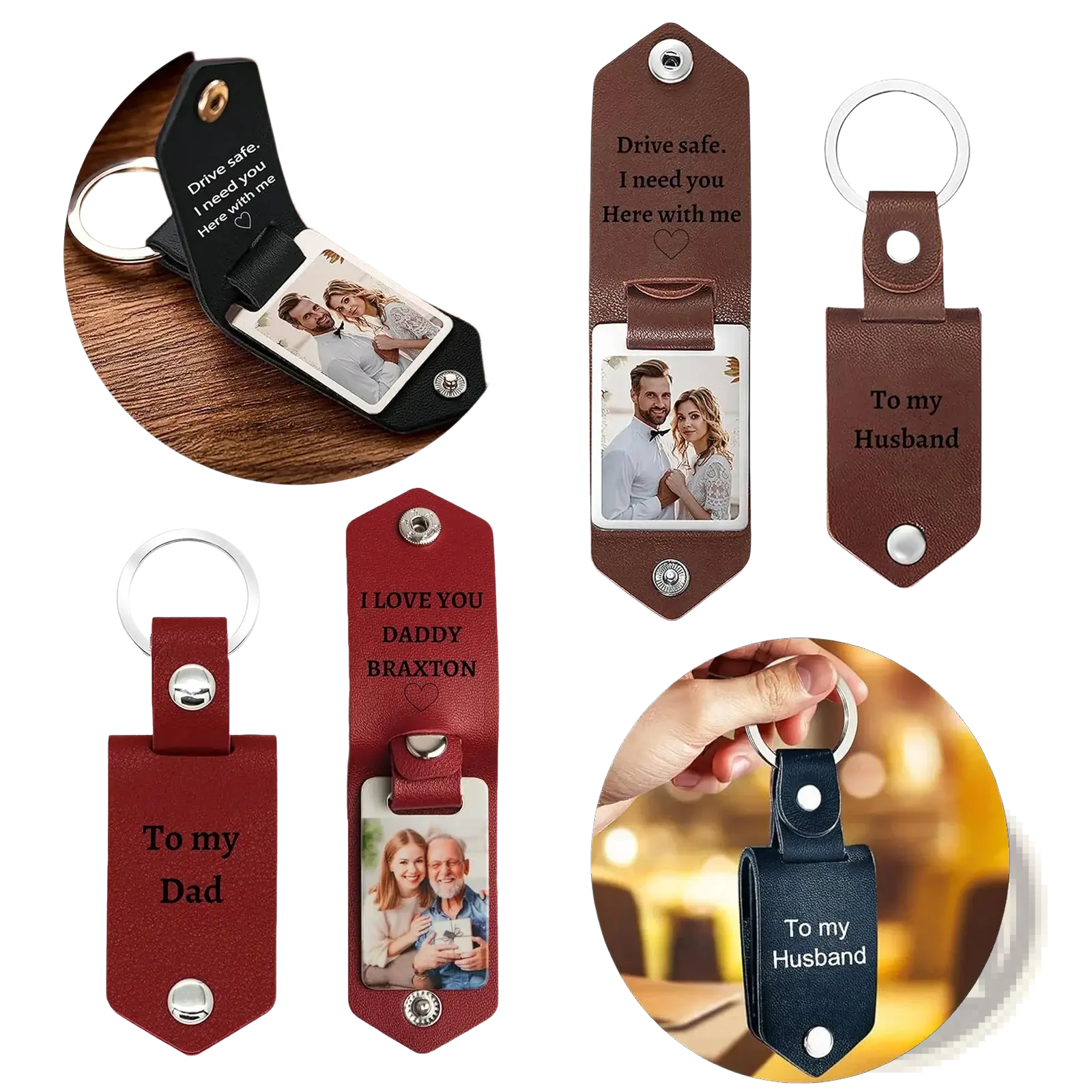 Personalized brown leather keychain with photo slot and engraved message for custom picture gift