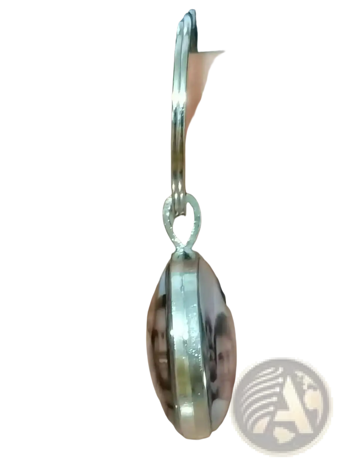 Custom photo logo silver keychain with polished metallic finish and clear rounded face in an oval shape