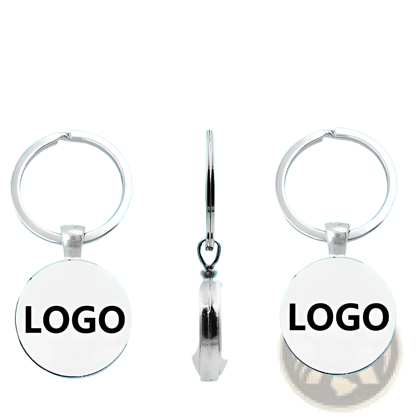 Custom photo logo silver keychain double-sided with circular flat faces in silver metal featuring black logo text