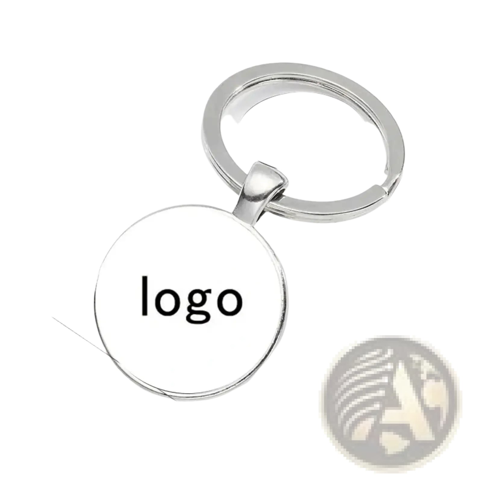Custom photo logo silver keychain featuring a silver-toned ring and circular glossy white pendant with black logo text