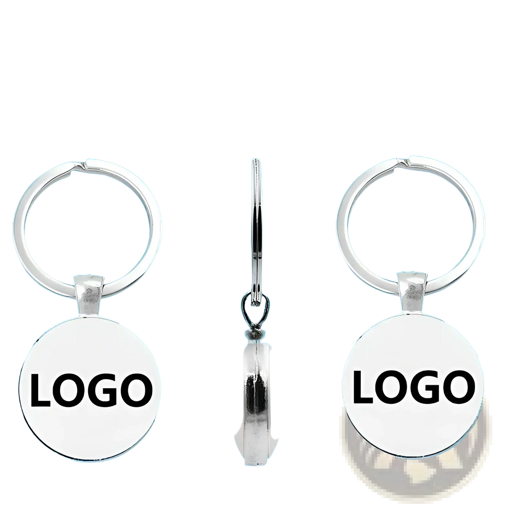 Silver double-sided custom photo logo keychain with circular flat faces featuring black logo text on each side
