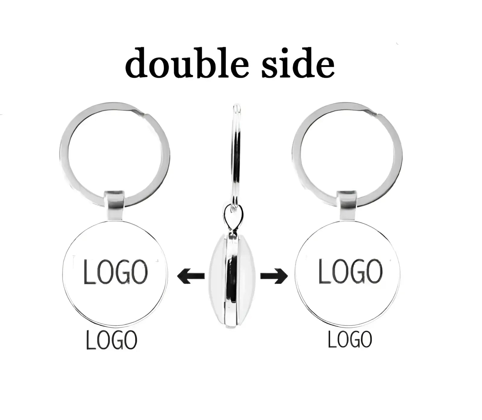 Custom photo logo silver keychain featuring a double-sided circular transparent face with black logo text