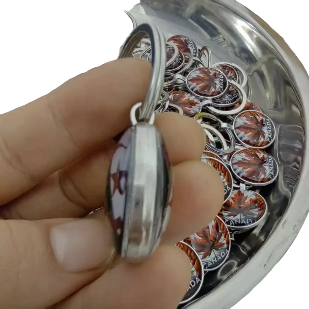 Custom photo logo silver keychain with circular transparent cover featuring an orange maple leaf and canada text