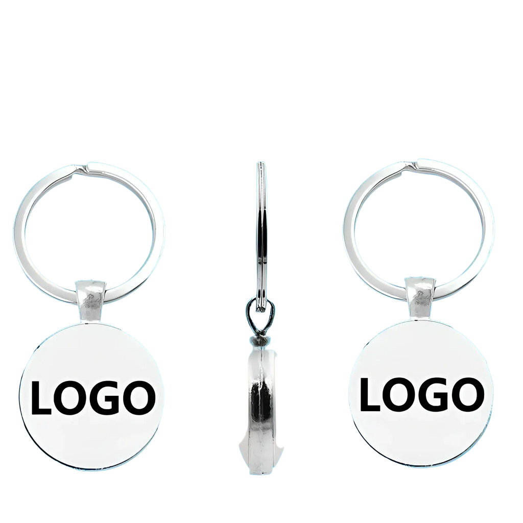 Silver double-sided custom photo logo keychain with circular flat faces featuring black logo text on each side