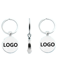 Custom photo logo silver keychain double-sided with circular flat faces in silver metal featuring black logo text