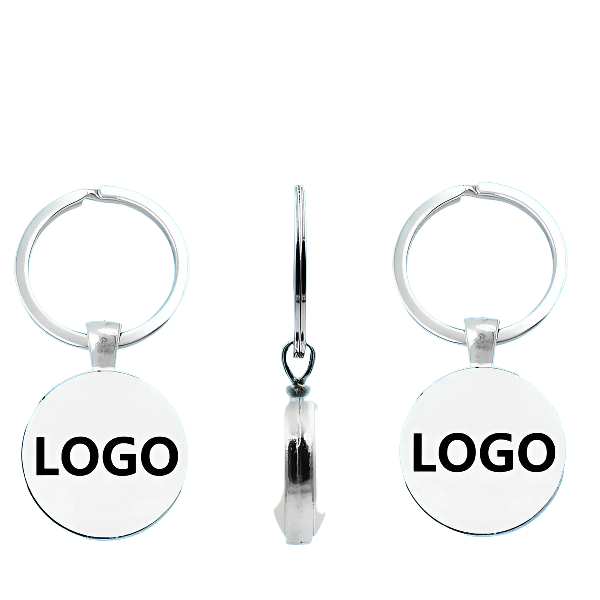 Custom photo logo silver keychain double-sided with circular flat faces in silver metal featuring black logo text