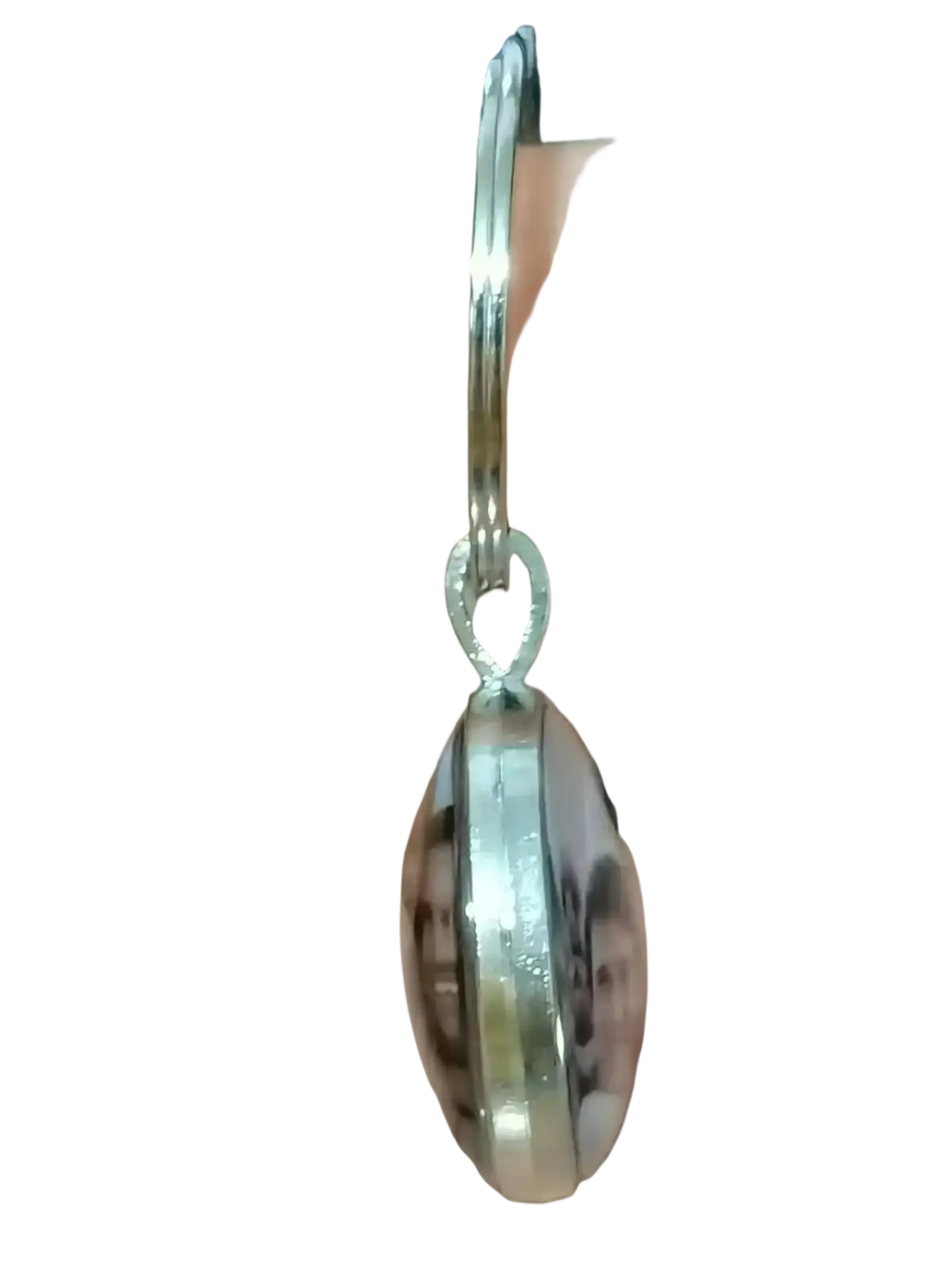 Custom photo logo silver keychain with polished metallic finish and clear rounded face in an oval shape