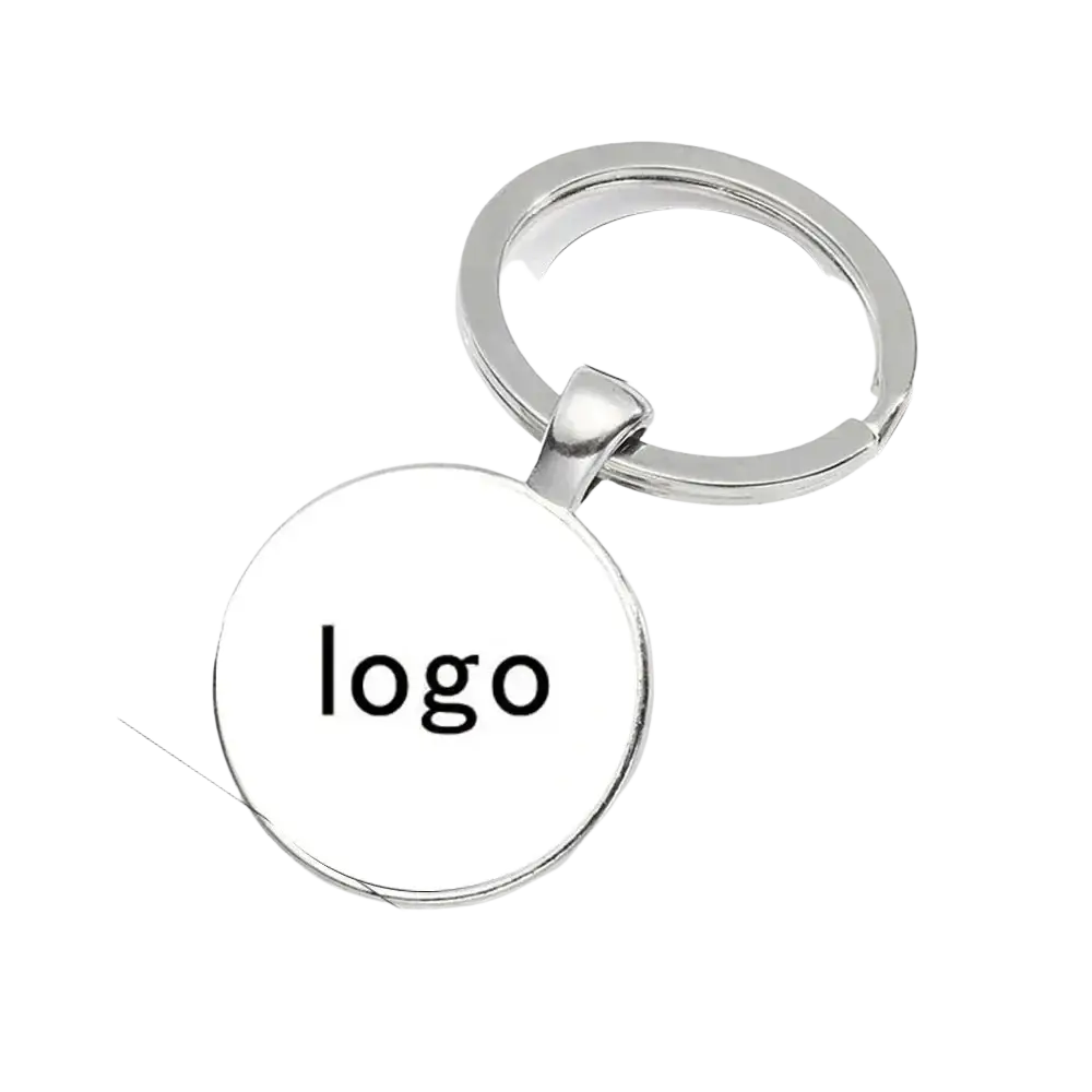 Custom photo logo silver keychain featuring a silver-toned ring and circular glossy white pendant with black logo text