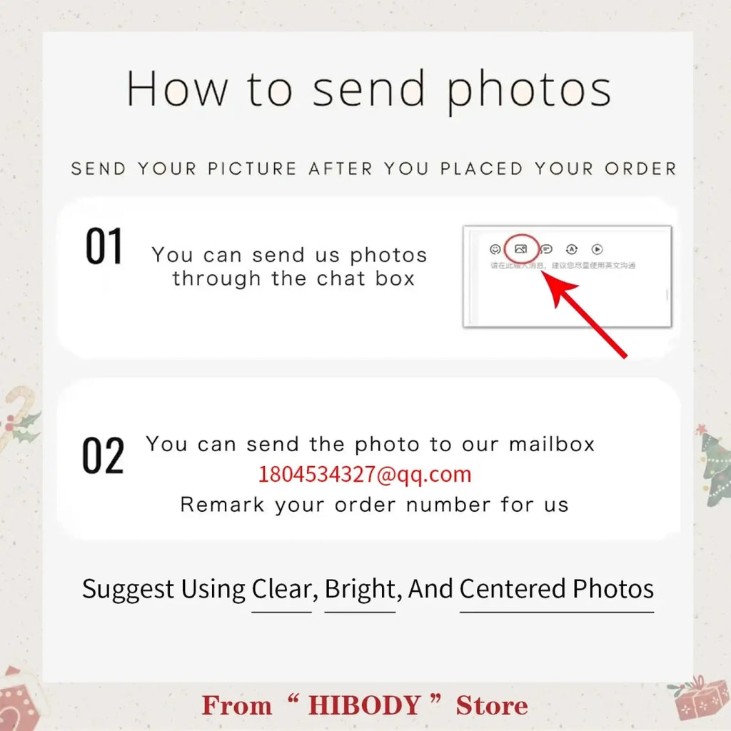 Instruction guide for sending photos to hibody store via chat or email for custom photo projection keychain gift