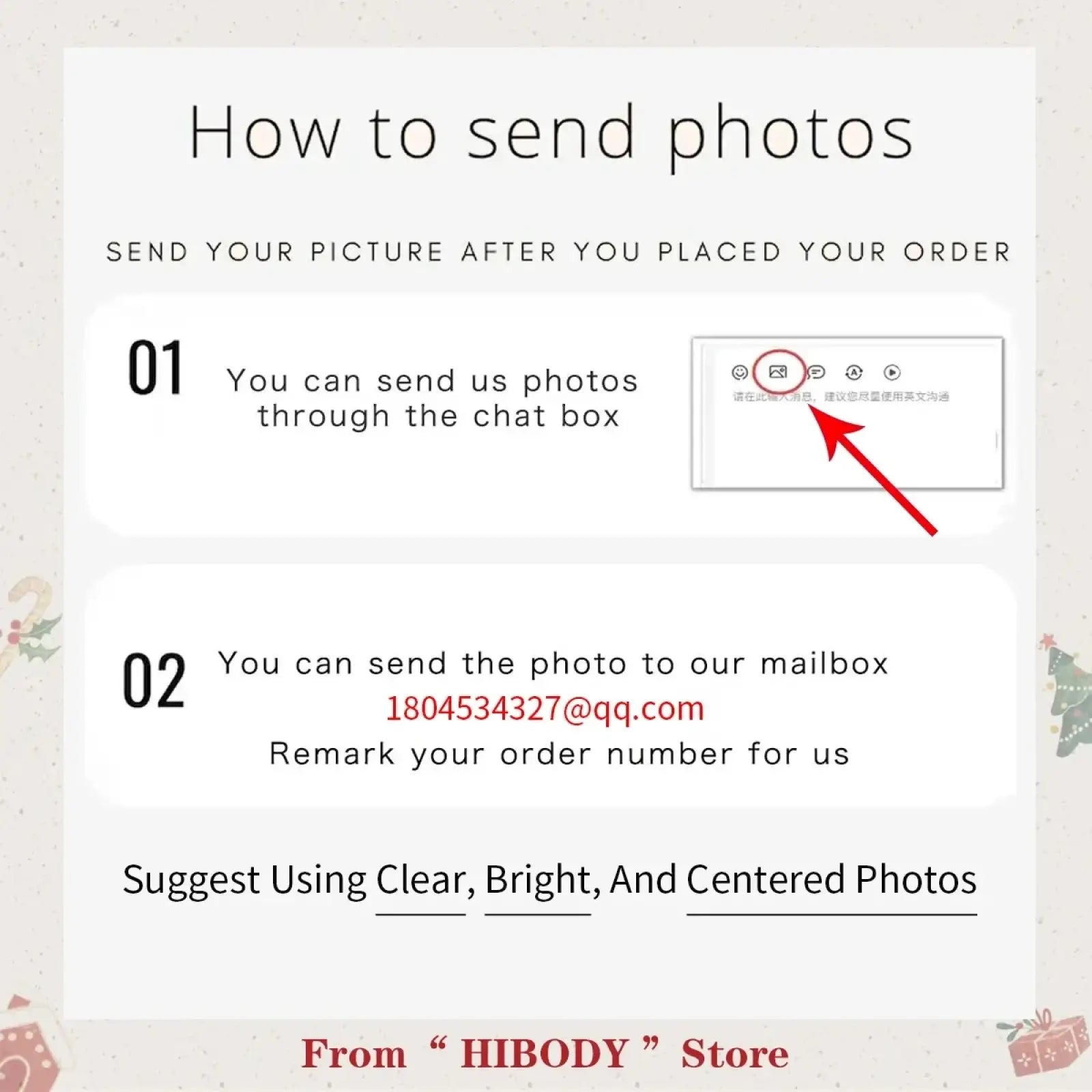 Instruction guide for sending photos to hibody store via chat or email for custom photo projection keychain gift