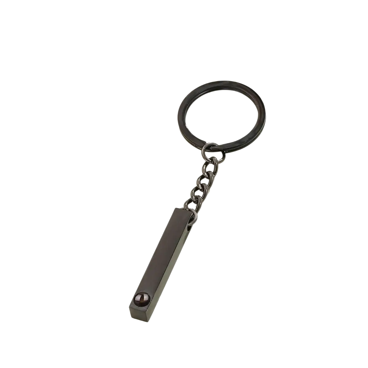 Black matte rectangular custom photo projection keychain with short chain and spherical accent personalized memorial gift