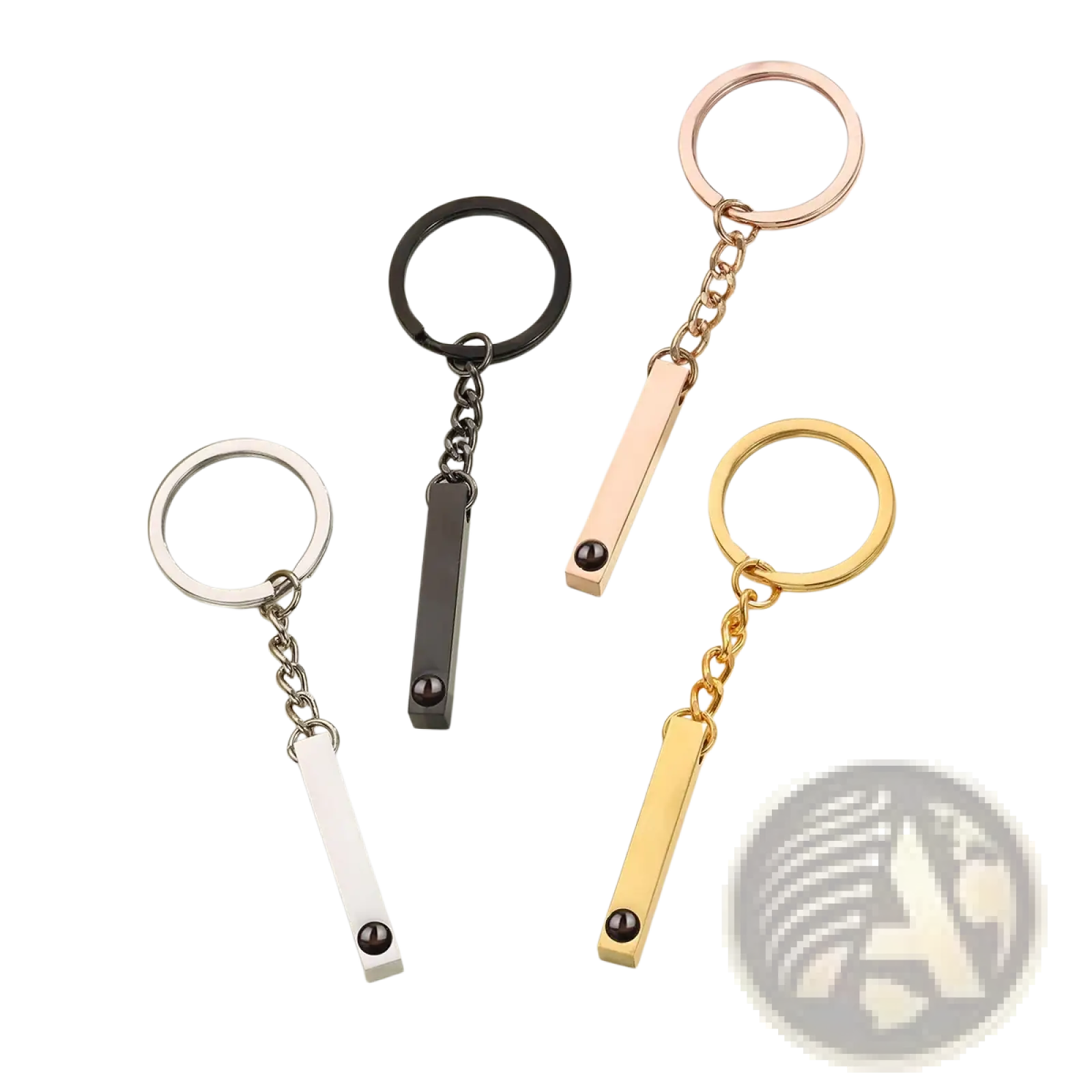 Four sleek metal custom photo projection keychains in silver black rose gold and yellow gold for personalized memorial gifts
