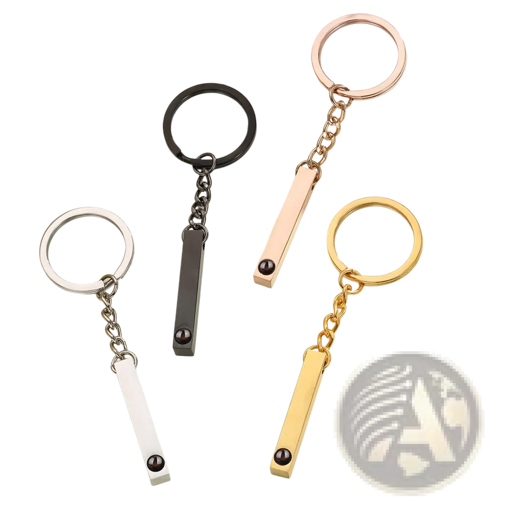 Four sleek custom photo projection keychains in silver black rose gold and yellow gold polished metallic design