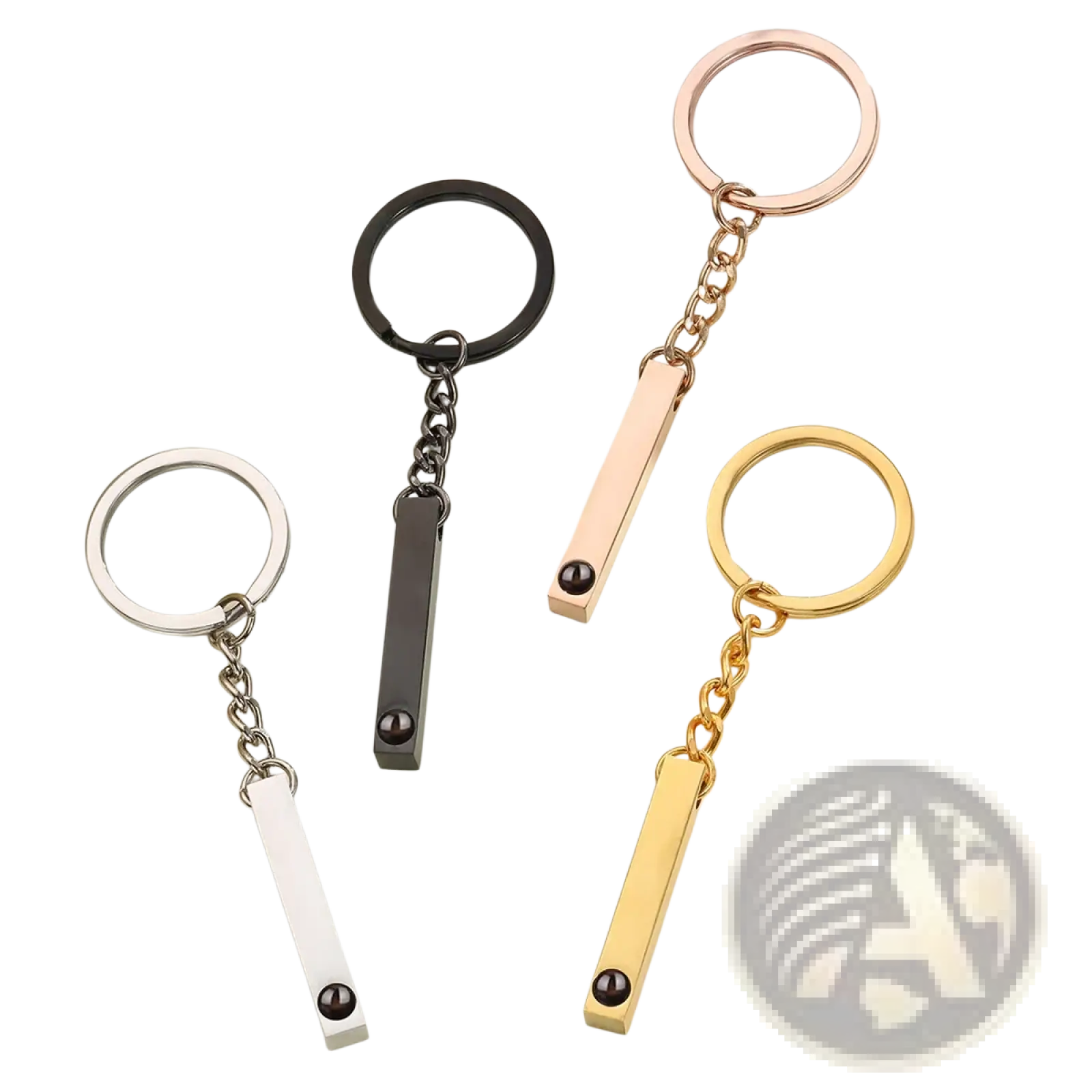Four sleek custom photo projection keychains in silver black rose gold and yellow gold polished metallic design