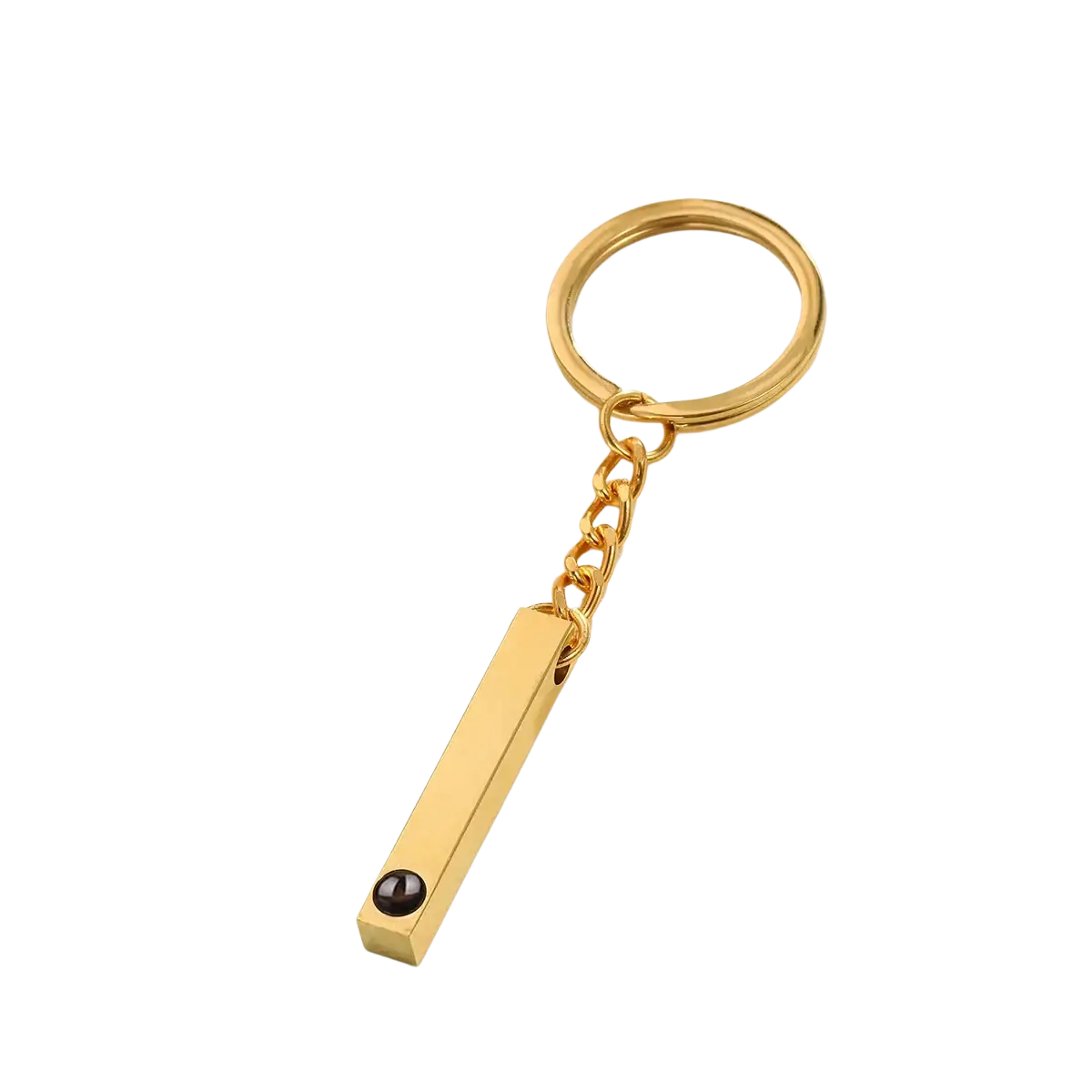 Gold-toned rectangular custom photo projection keychain with a small black gemstone personalized memorial gift