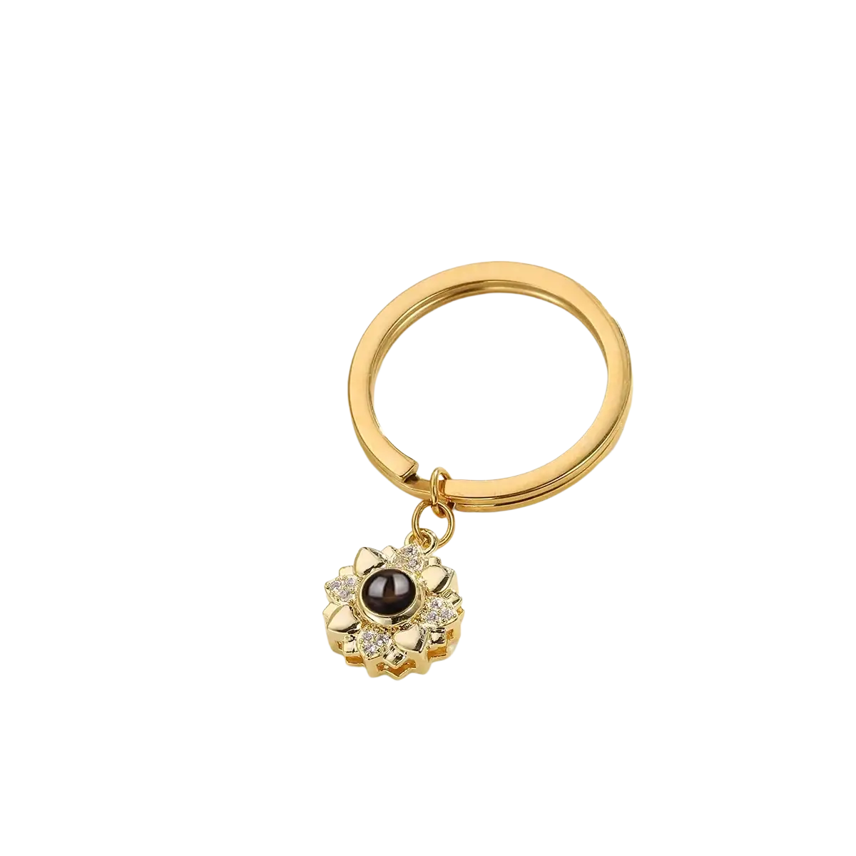 Gold-toned custom photo projection keychain with sunflower design dark center stone and clear crystals memorial gift