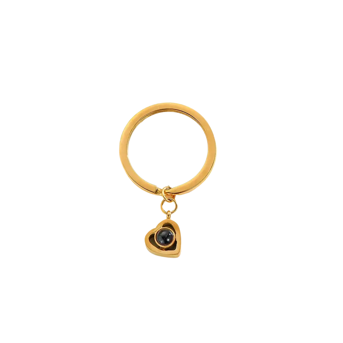Gold-toned heart-shaped custom photo projection keychain with dark blue gemstone centerpiece for personalized memorial gift