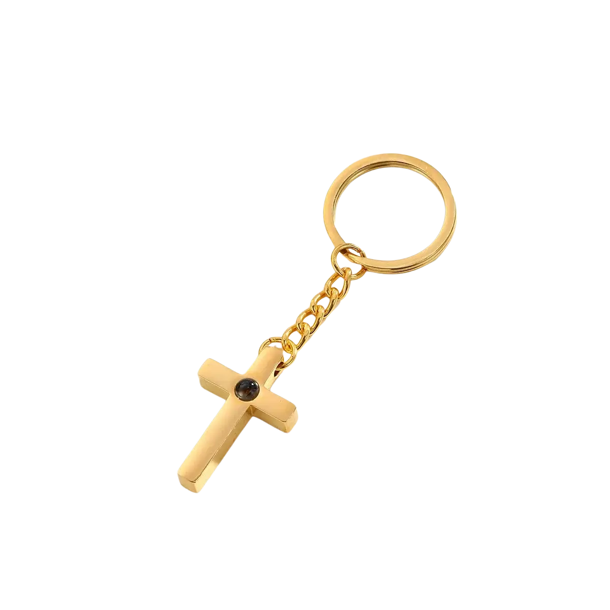Custom photo projection keychain in gold-tone with black gemstone cross and sleek chain personalized memorial gift