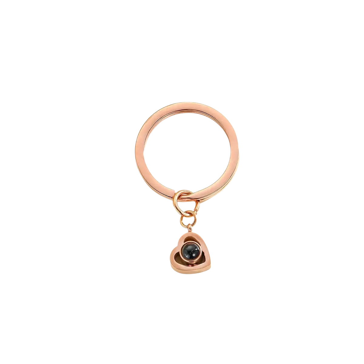 Rose gold heart-shaped keychain with dark blue gemstone centerpiece custom photo projection personalized memorial gift