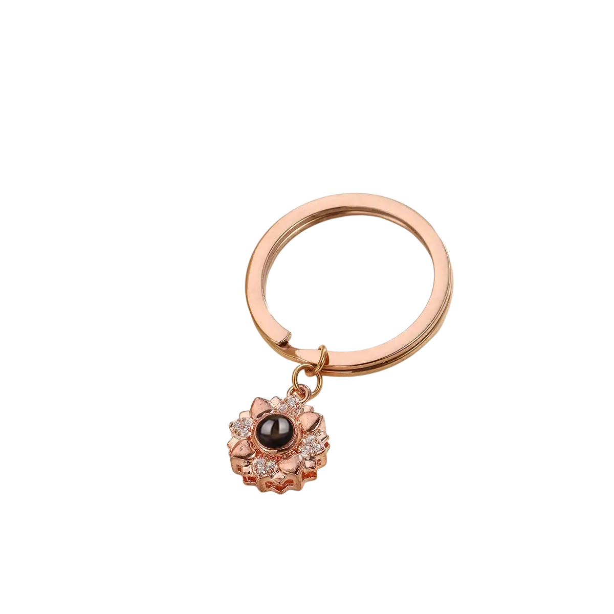 Rose gold sunflower shaped keychain with black gemstone center and crystal accents for personalized memorial gift