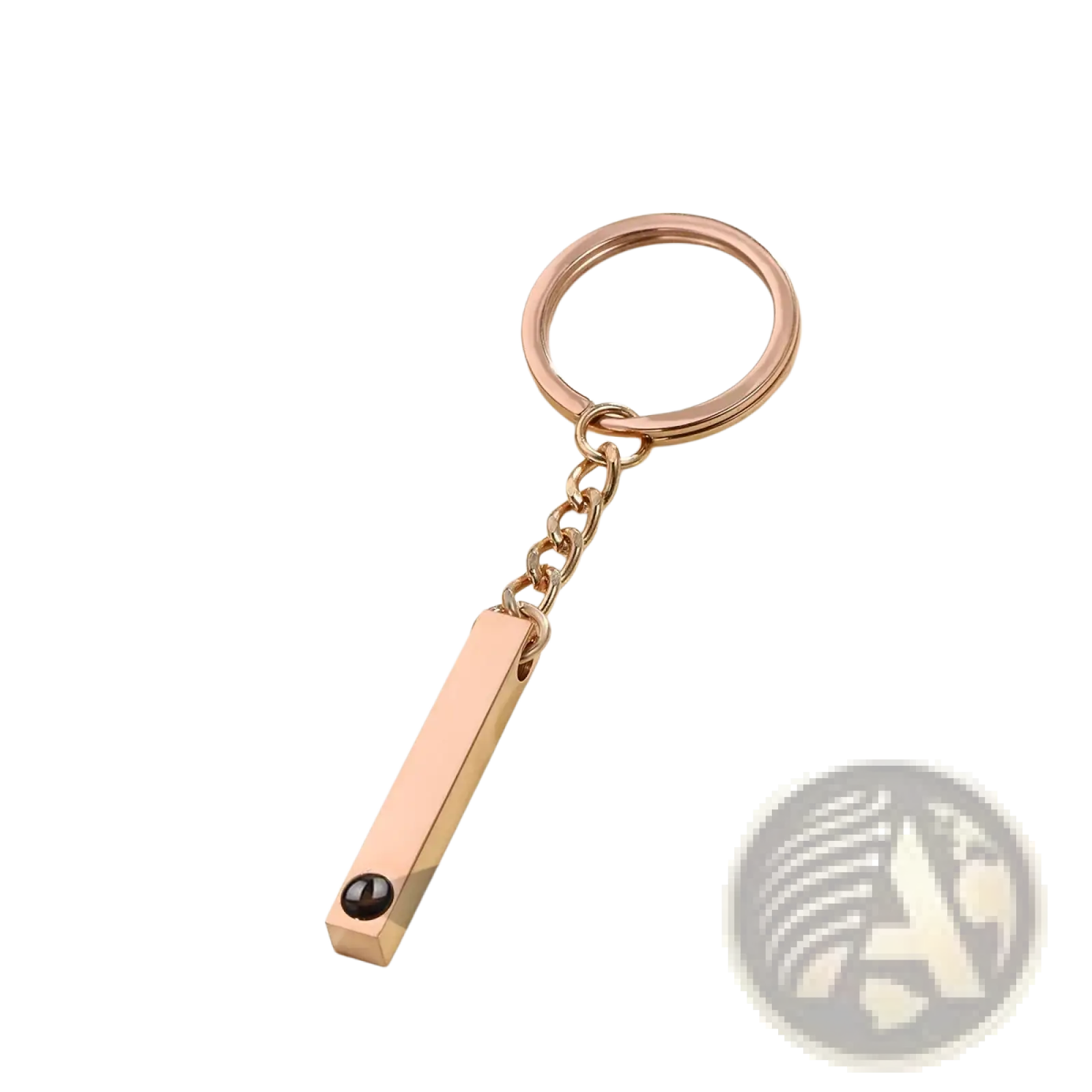 Rose gold rectangular custom photo projection keychain with black gemstone accent personalized memorial gift